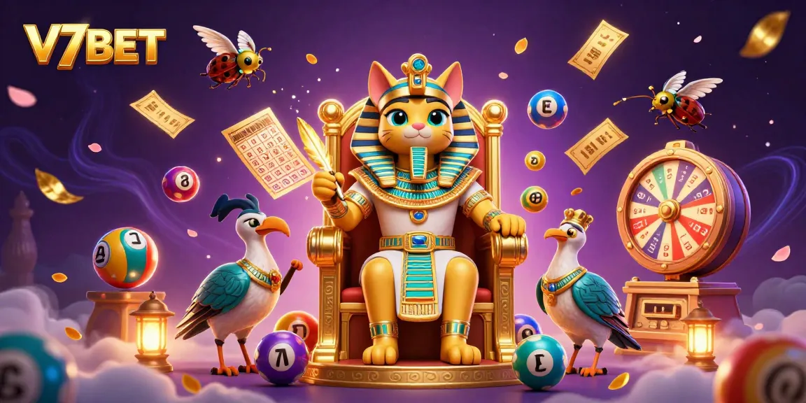 V7BET showcases a dynamic 3D scene with vibrant lottery themes and engaging characters for casino enthusiasts.