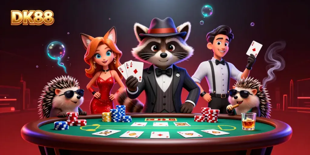 Experience thrilling gameplay at DK88 with a raccoon and fox at a lively poker scene.