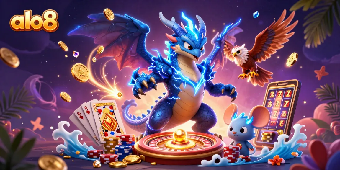 Engage in thrilling gaming adventures at alo8 with a powerful thunder dragon and vibrant casino elements.