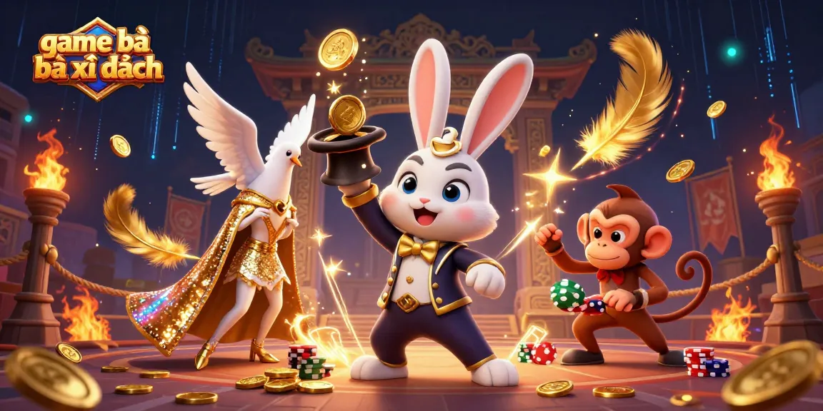 Engage in game bài bài xì dách with a dynamic scene featuring a magician rabbit, glamorous dove, and monkey in a casino.