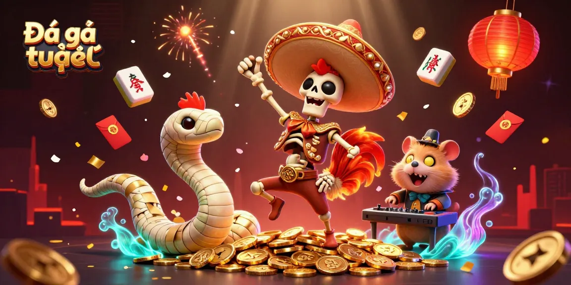 Experience Đá gà trực tiếp with vibrant characters, enjoying an exciting victory dance amidst dynamic casino elements.