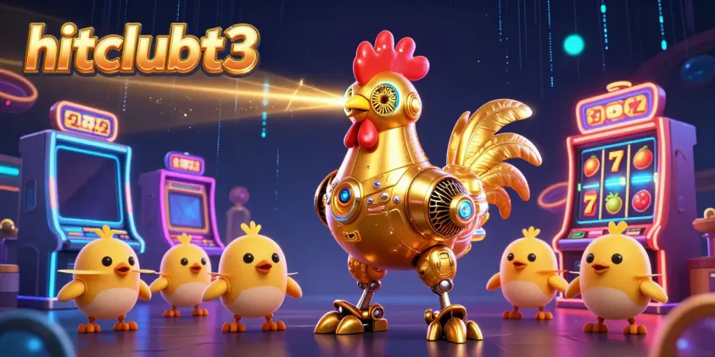Experience the vibrant world of hitclubt3 with a golden rooster robot and baby chick drones engaging in gameplay.