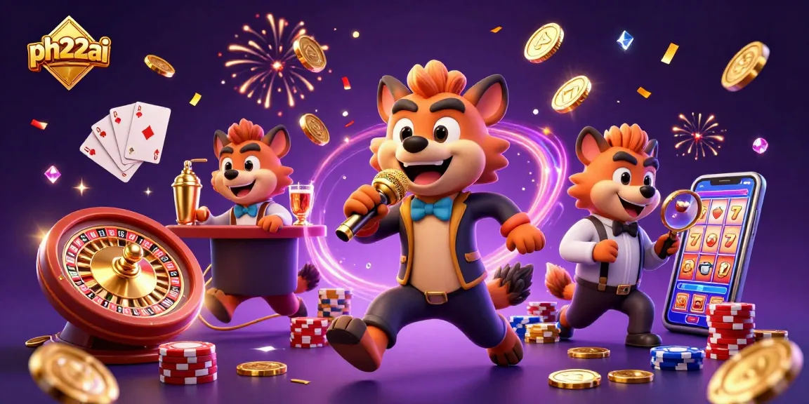 Join the fun at ph22ai with cartoon hyenas celebrating casino wins in a vibrant gaming scene.