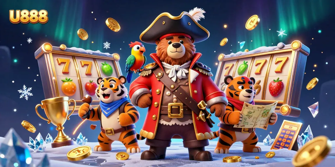 Experience the exciting world of U888 with thrilling slot reels spinning and jackpots in a vibrant casino illustration.