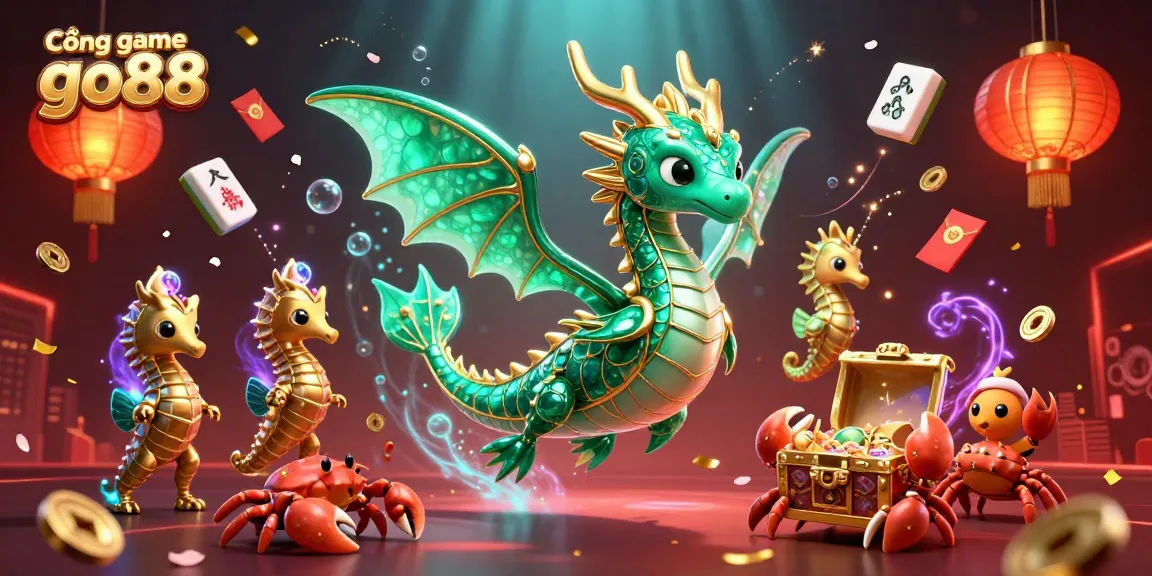 Cổng game go88 features a majestic sea dragon guarding treasures, surrounded by festive elements highlighting a vibrant gaming atmosphere.