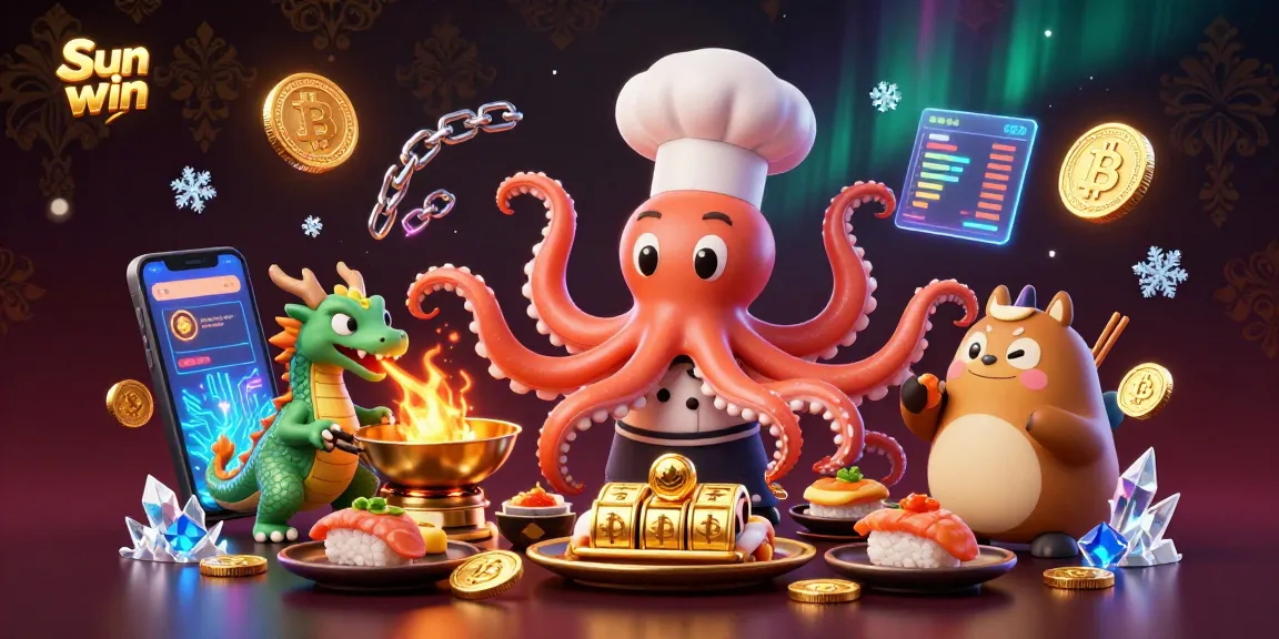 Enjoy a vibrant scene at Sun win, featuring exciting gambling action with a sushi chef octopus.