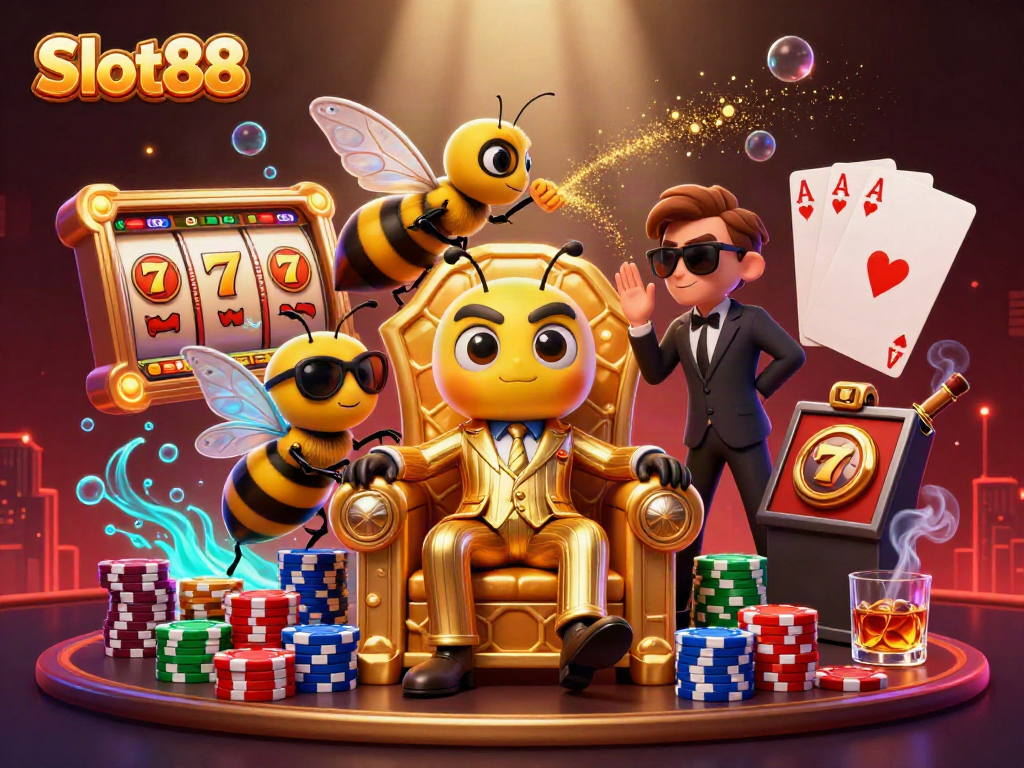 Slot88 scene featuring a bumblebee mob boss amidst colorful slot reels and winning symbols in a dynamic casino setting