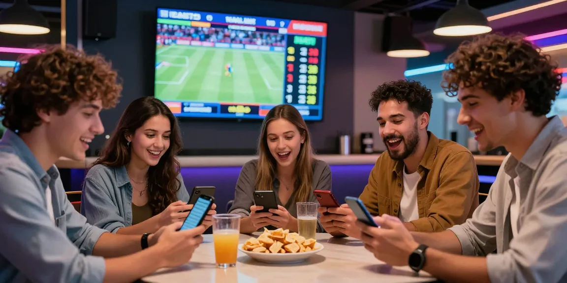 BOLA88 sports betting excitement with diverse friends engaging in live bets and sharing strategies in a modern environment, showcasing community and energy.