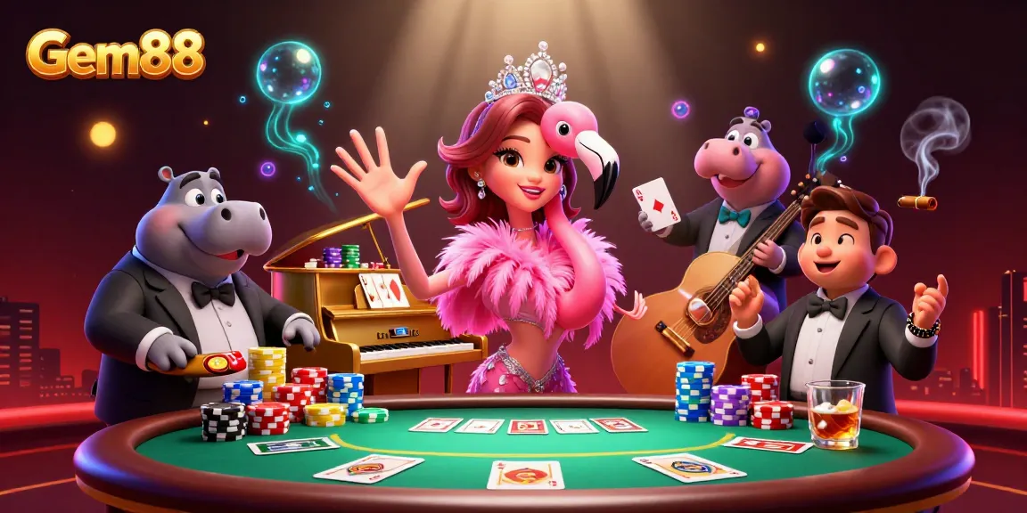 Gem88 engages players with vibrant casino energy, featuring a vibrant flamingo singer and hippo bassist.