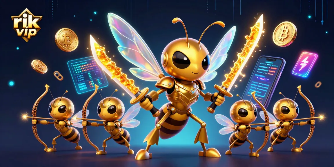 Experience the excitement of rik vip with this vibrant 3D illustration of a golden hornet samurai leading a crypto-themed casino adventure.