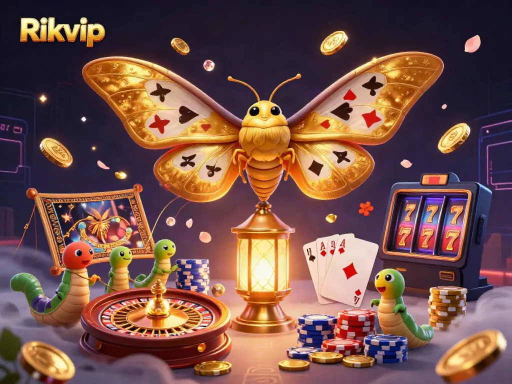 Experience thrilling wins at Rikvip, featuring 3D illustrations of vibrant casino games and golden rewards.