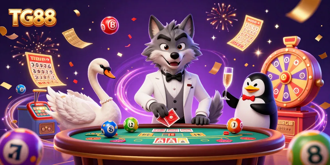 Experience the excitement at TG88 with a vibrant casino scene featuring unique characters and dynamic game elements.