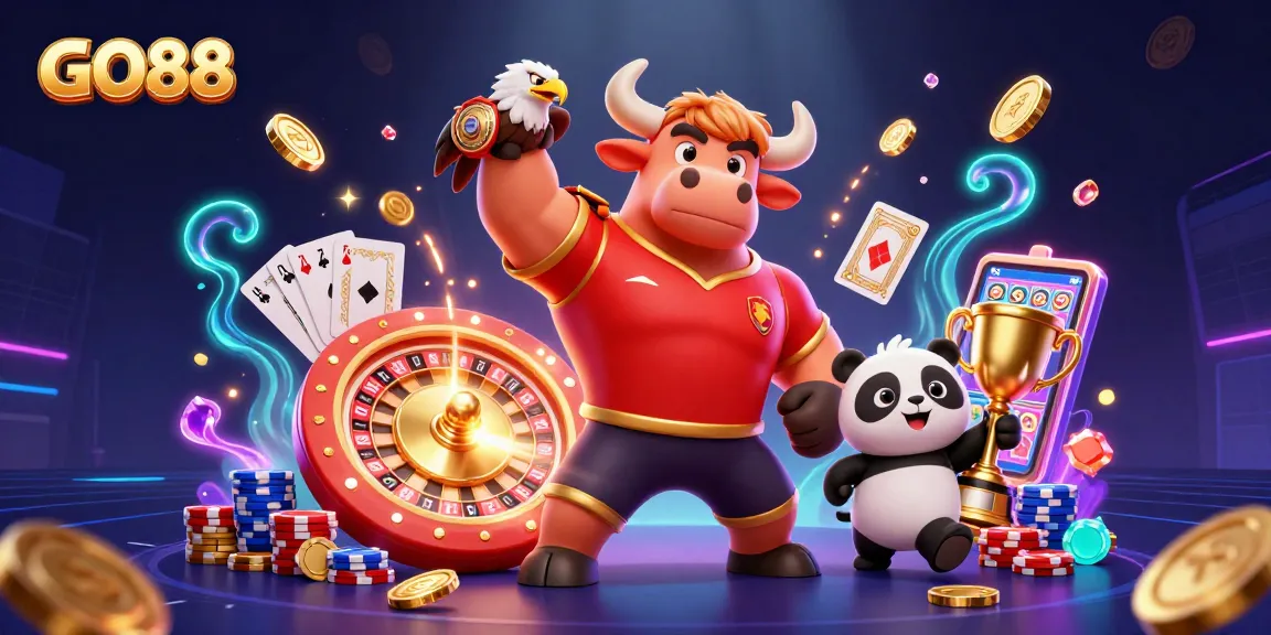 Win big with GO88's dynamic gaming environment featuring playful mascots and various casino elements.