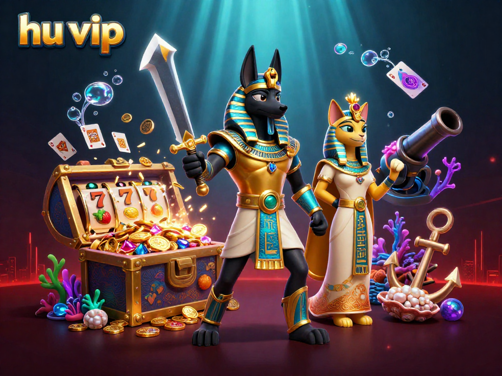 Hu VIP wins with Anubis and Bastet in a dazzling slot game scene full of excitement.