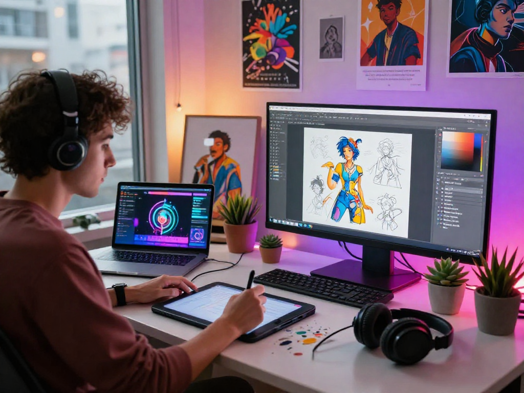 Digital artist creating NSFW AI concepts in modern studio with vibrant screens and tools.