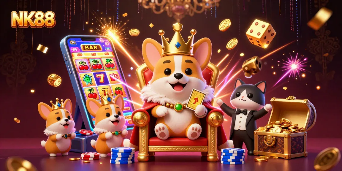 Experience NK88 with a vibrant scene of a royal corgi and a jackpot explosion in a lively casino.