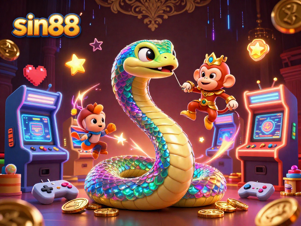 Experience thrilling gaming with sin88 featuring a vibrant 3D illustration of a playful monkey king and rainbow serpent.