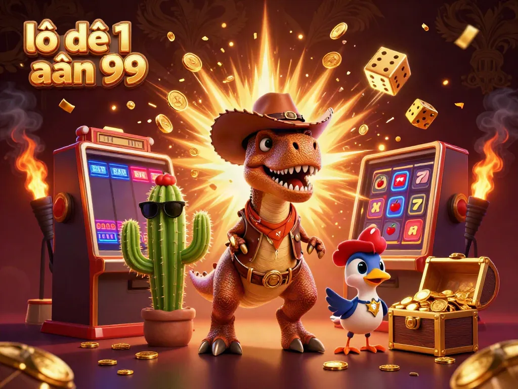 Experience the thrill with lô đề 1 ăn 99 illustrated by a cowboy dinosaur and a jackpot explosion.