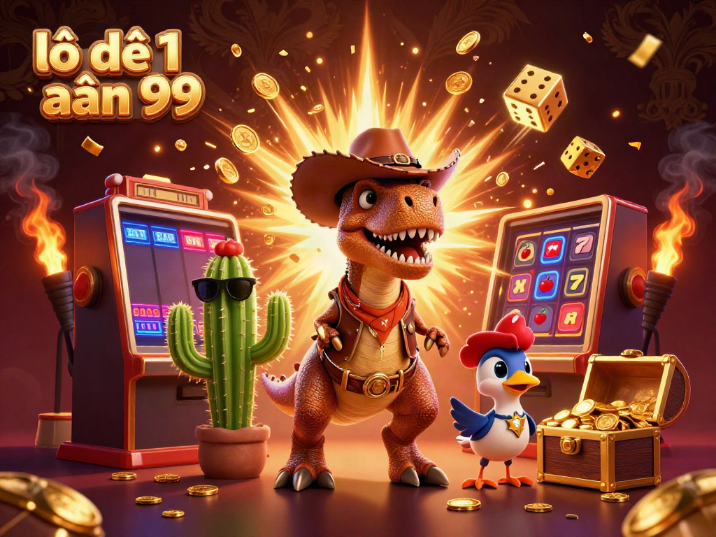 Experience the thrill with lô đề 1 ăn 99 illustrated by a cowboy dinosaur and a jackpot explosion.