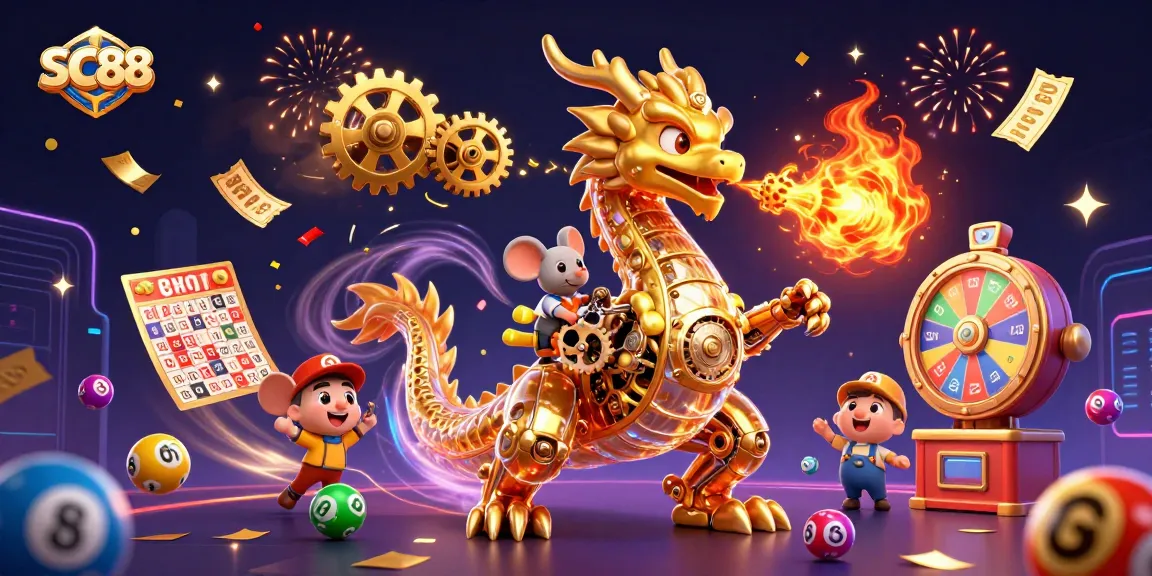 Experience thrilling action at SC88 with vibrant lottery elements and a golden dragon animating the gambling atmosphere.