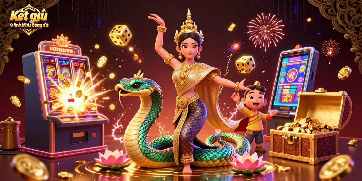 Kết quả và lịch thi đấu bóng đá displayed in a vibrant 3D illustration featuring an Asian woman in traditional dress surrounded by casino elements.