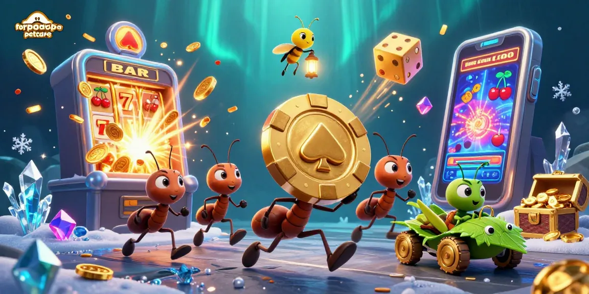 forpawspetcare ants heist vibrant casino scene with golden poker chip and slot explosion