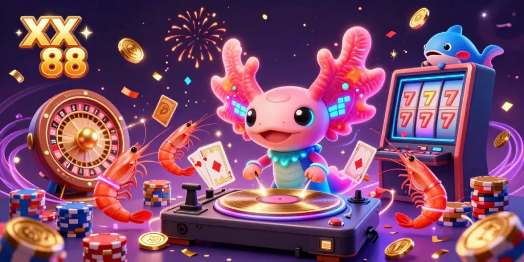Experience the vibrant energy of XX 88 with a neon axolotl DJ, golden coins, and lively shrimp dancers in action.