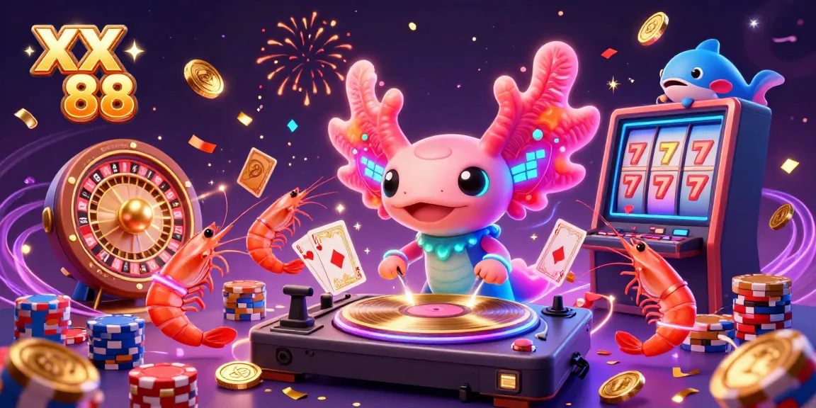 Experience the vibrant energy of XX 88 with a neon axolotl DJ, golden coins, and lively shrimp dancers in action.
