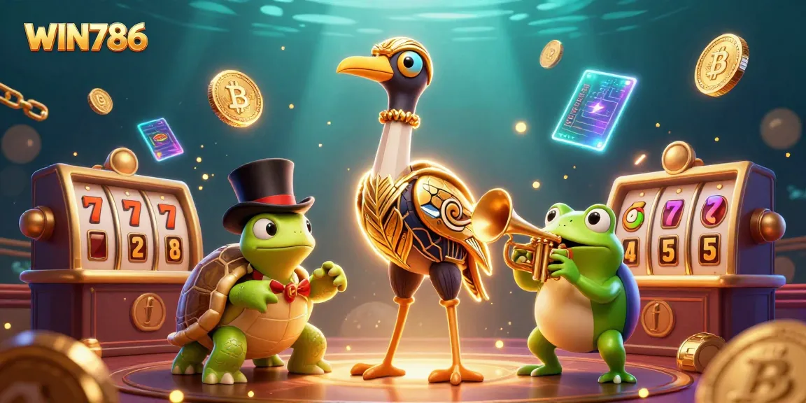 Experience rich gaming with WIN786's colorful slot machines and vibrant characters at a lively casino scene.