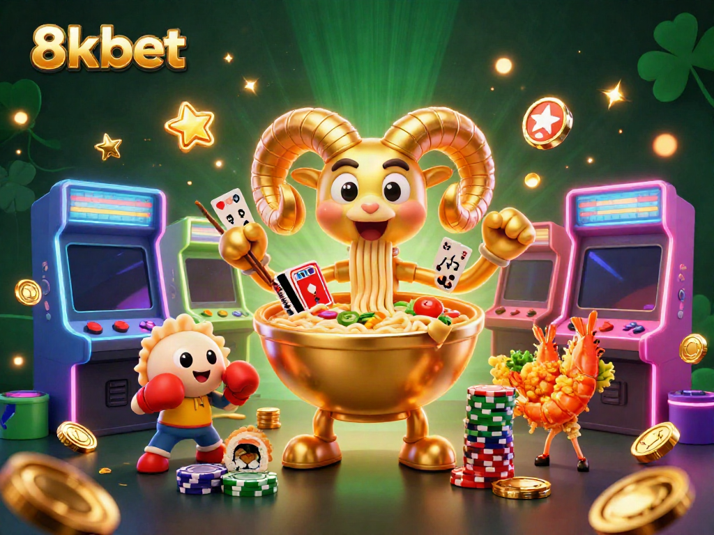 Experience 8xbet's thrilling game atmosphere with giant ramen bowl characters and casino excitement.