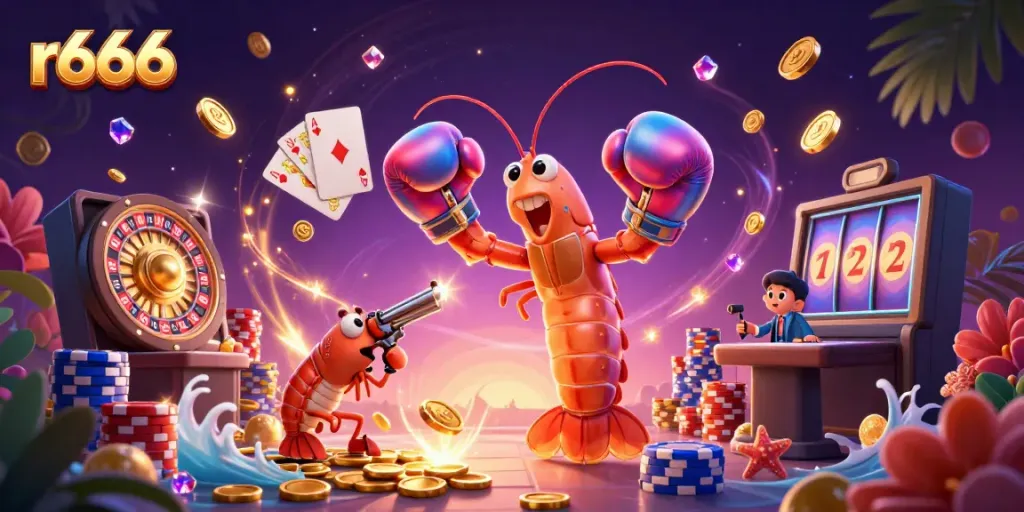 Experience the excitement of r666's gaming universe featuring cartoon mantis and shrimp surrounded by casino elements.