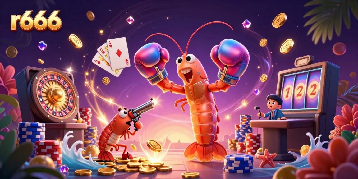 Experience the excitement of r666's gaming universe featuring cartoon mantis and shrimp surrounded by casino elements.