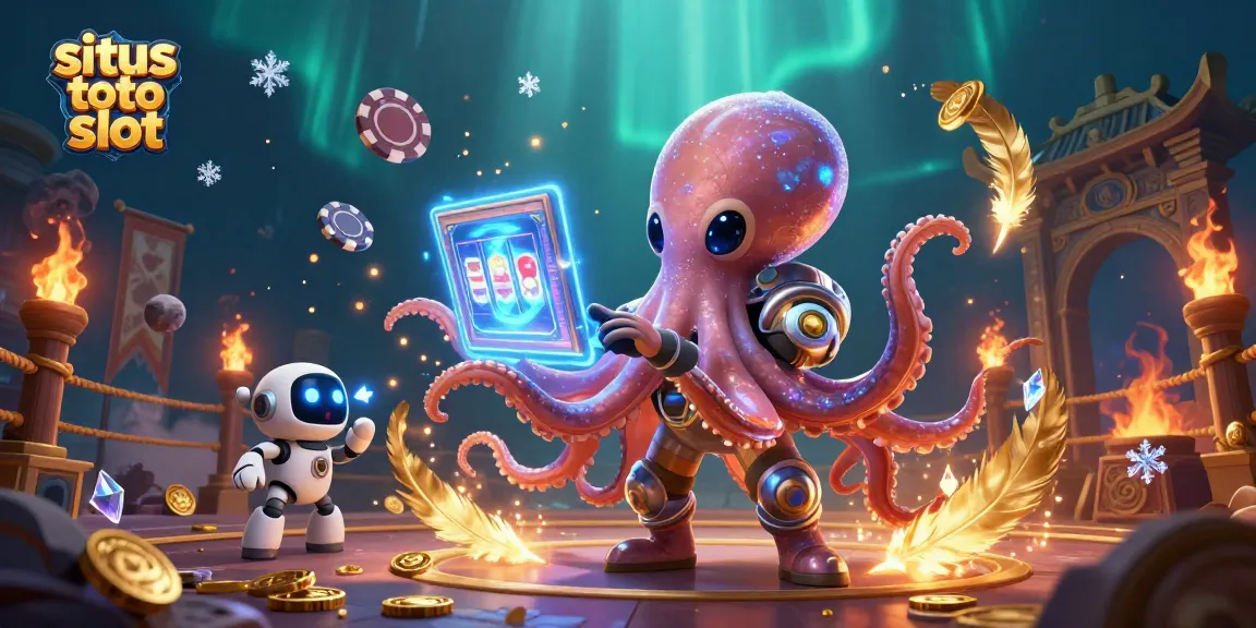 Engage with situs toto slot gameplay as an alien octopus operates a slot machine among vibrant casino elements.