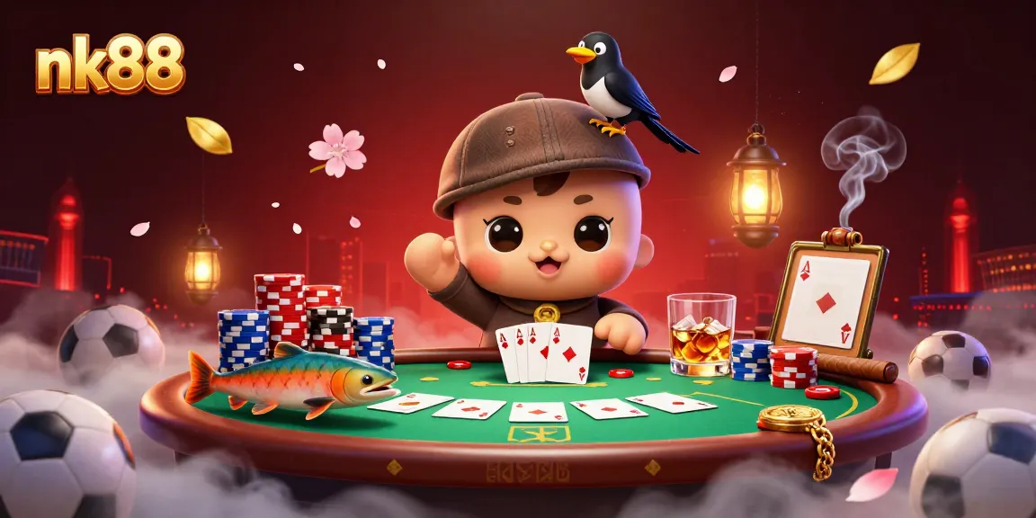 Join the fun at nk88, featuring playful characters amidst a lively casino gaming scene.