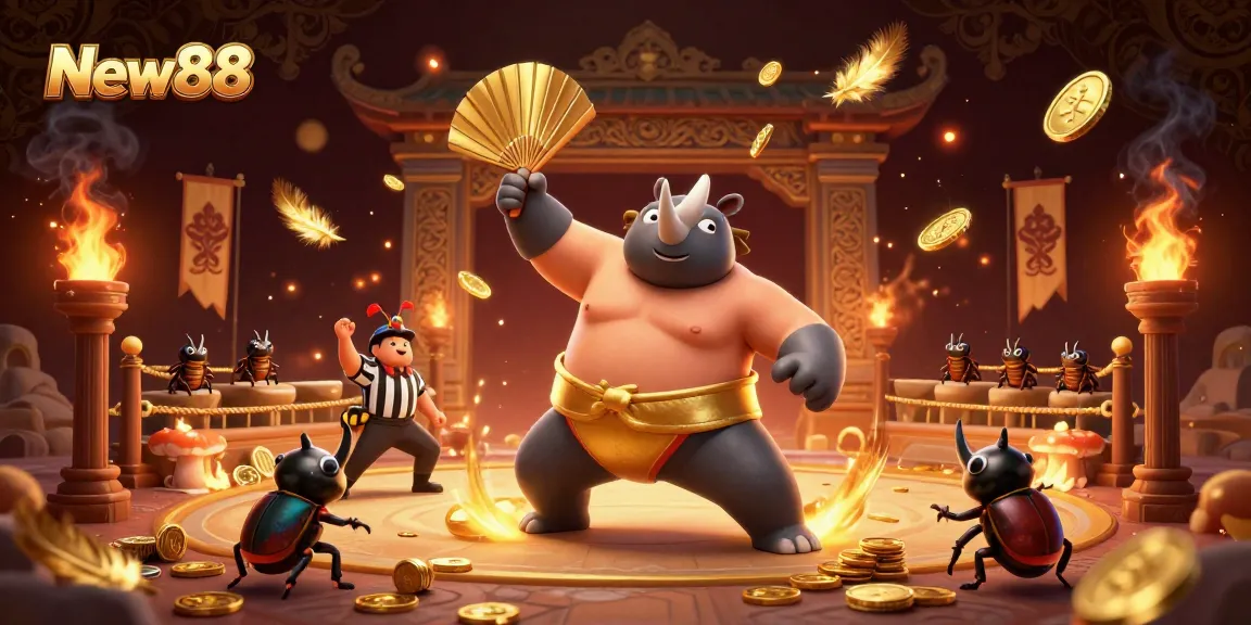 Experience New88 action with a sumo beetle champion amid golden coins and betting tokens.