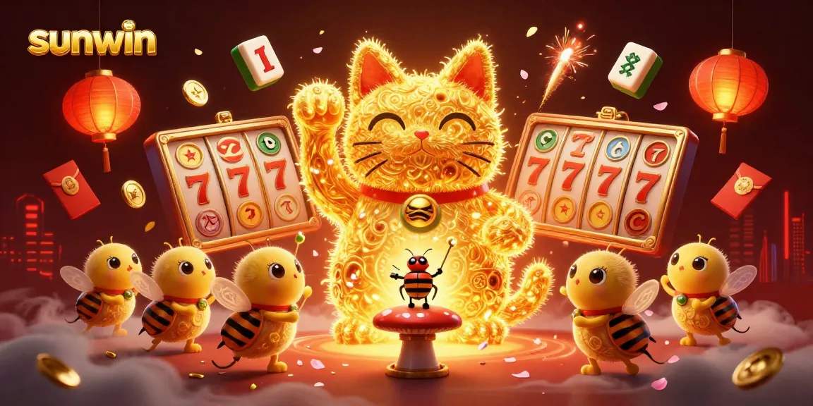 Experience sunwin's vibrant casino world with a magical lucky cat and festive symbols.