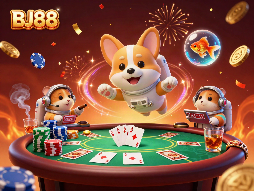 BJ88 showcases an astronaut corgi in a space casino, highlighting thrilling betting activities.
