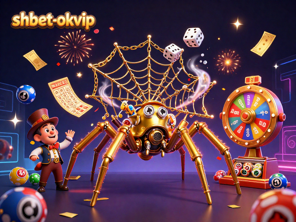 Experience the thrill of shbet-okvip with vibrant lottery balls and a golden spider web in this dynamic scene.