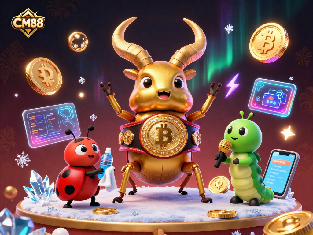 Win big with CM88 at this vibrant casino scene, featuring unique characters and crypto elements.