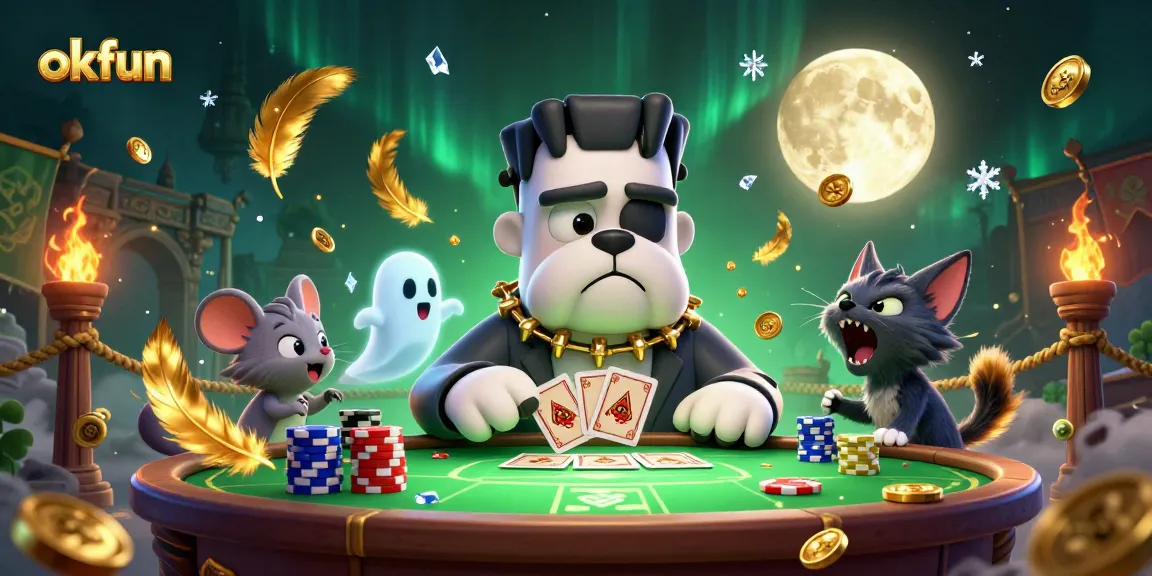 Engage with okfun as the Frankenstein bulldog monster deals cards at a spooky casino table.