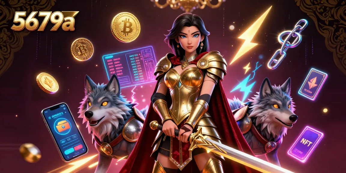 Experience thrilling moments at 5679a, featuring a warrior queen and crypto elements in this vibrant illustration.