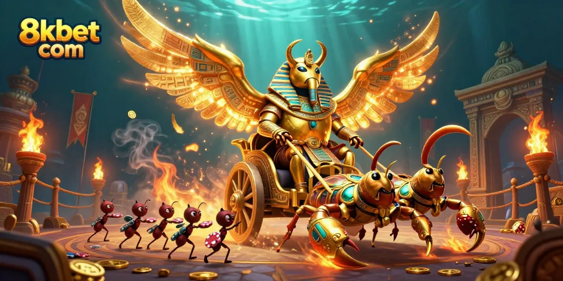 Betting with excitement at 8xbet com featuring a golden scarab beetle chariot amidst dynamic casino elements.