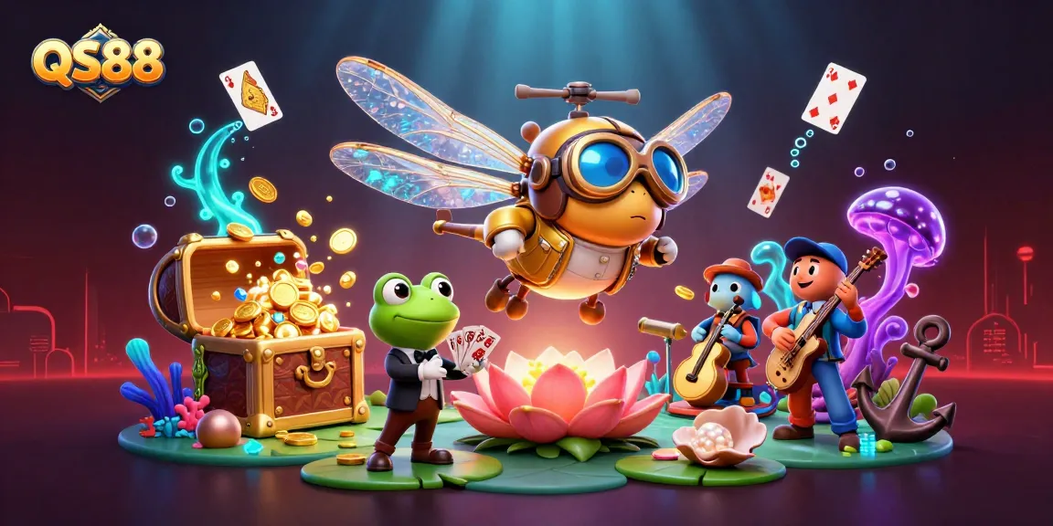 Engage with QS88 as a 3D cartoon dragonfly pilot and frog croupier bring the casino to life.