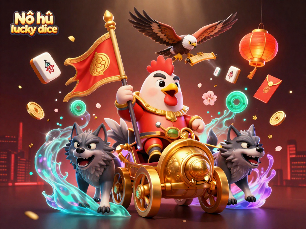 Nổ hũ lucky dice showcases a dynamic scene with a rooster warlord, wolves, and vibrant elements symbolizing online casino excitement.