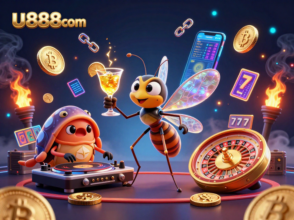 Engage with u888com in a vibrant casino atmosphere featuring a frozen mosquito mascot and a trilobite DJ.