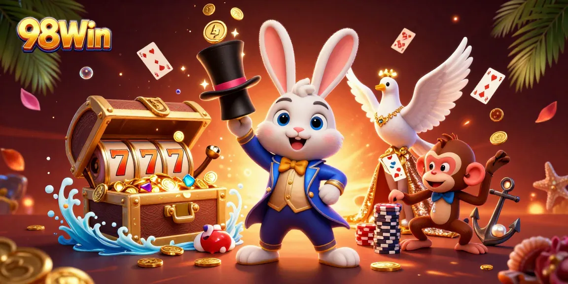 Experience thrilling wins with 98Win in a vibrant casino scene featuring characters and action elements.