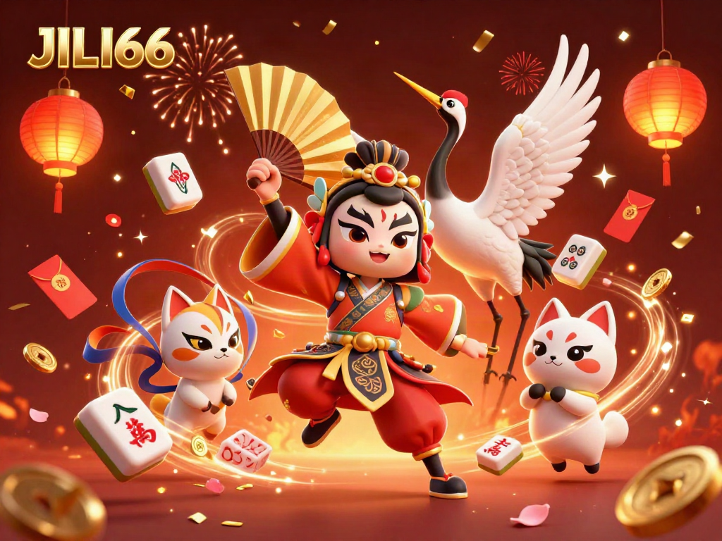 Experience thrilling gaming with JILI66 in a vibrant, festive 3D casino scene.
