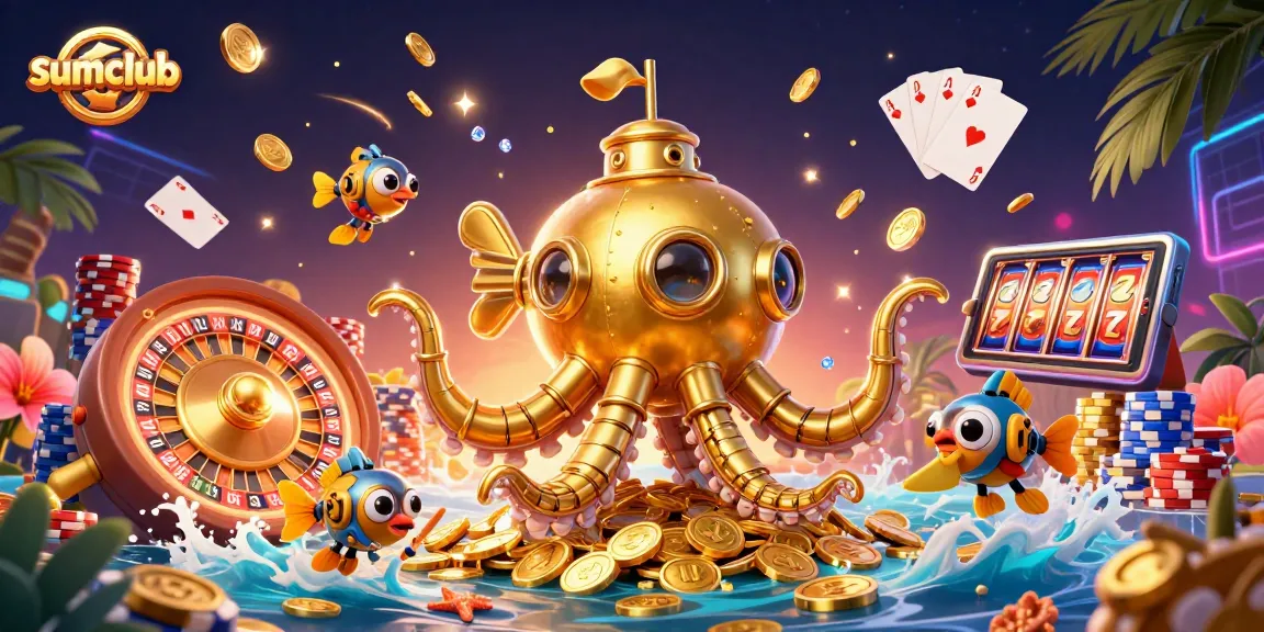 Win big at sumclub with this vibrant 3D illustration featuring golden treasures and thrilling casino games.