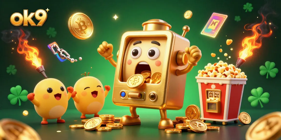Spin the winning reels at ok9 with a dynamic scene of a golden slot machine celebrating a jackpot.