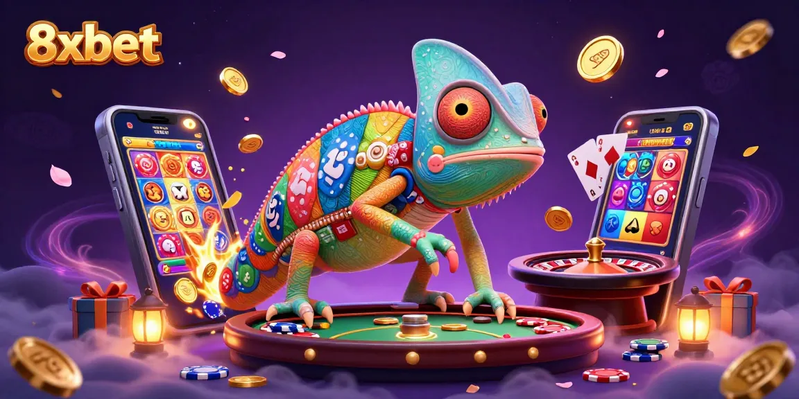 Engage with 8xbet's dynamic casino scene featuring a chameleon owner amid vibrant slot games and coins.